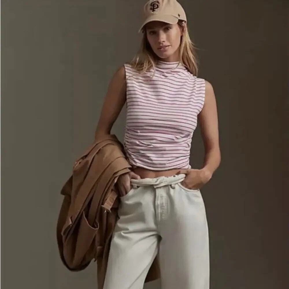 NWOT Anthropologie Maeve Ruched Mock Neck Muscle Tee Pink Stripe XXS